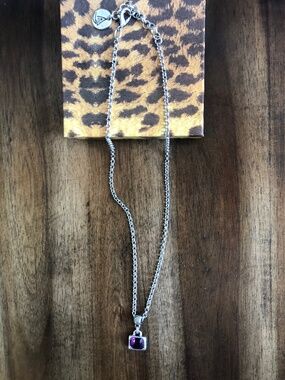NWOT Silver Tone Square Purple Crystal Pendant Necklace